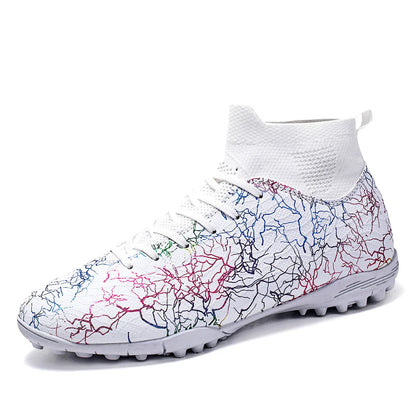 High quality, high-top football shoes, unisex style, comfortable, breathable, available in TF and FG options.  Sole spikes