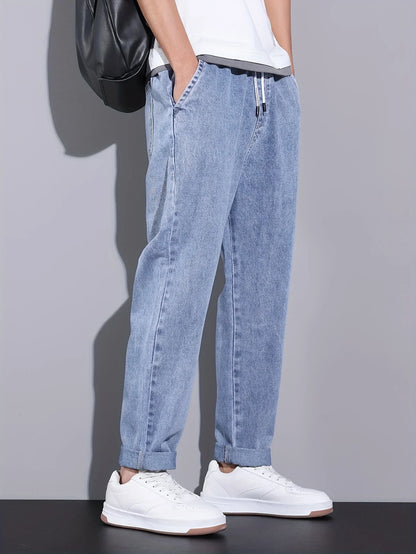 Men's Straight-Leg Jeans with Adjustable Drawstring Waist, Made of Breathable and Soft Fabric, Loose Casual Style.