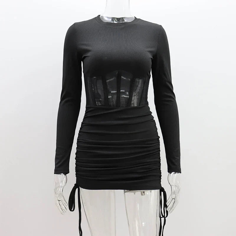 Hollow Out Bodycon Dress Women O Neck Long Sleeve Mini Vestidos Ribbed Hot Sexy Dresses Fashion High Street Wear