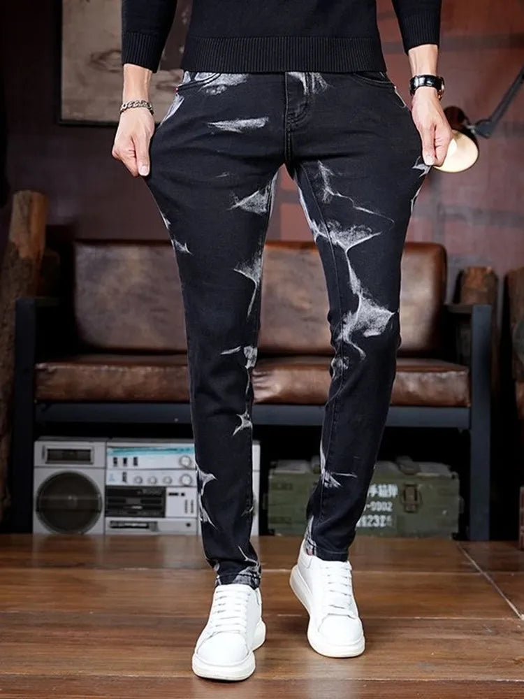 Spring and Autumn New Fashion Trend Retro Printed Straight Leg Elastic Jeans For Men's Casual Sports Comfort High-Quality Jeans