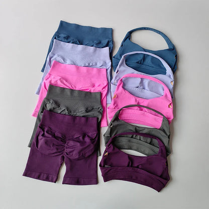 2pcs Sexy Halter Neck Beautiful Back High Waist Peach Sports Bras Set Suit Pilates Gathering Training Yoga Vest Fitness Bra