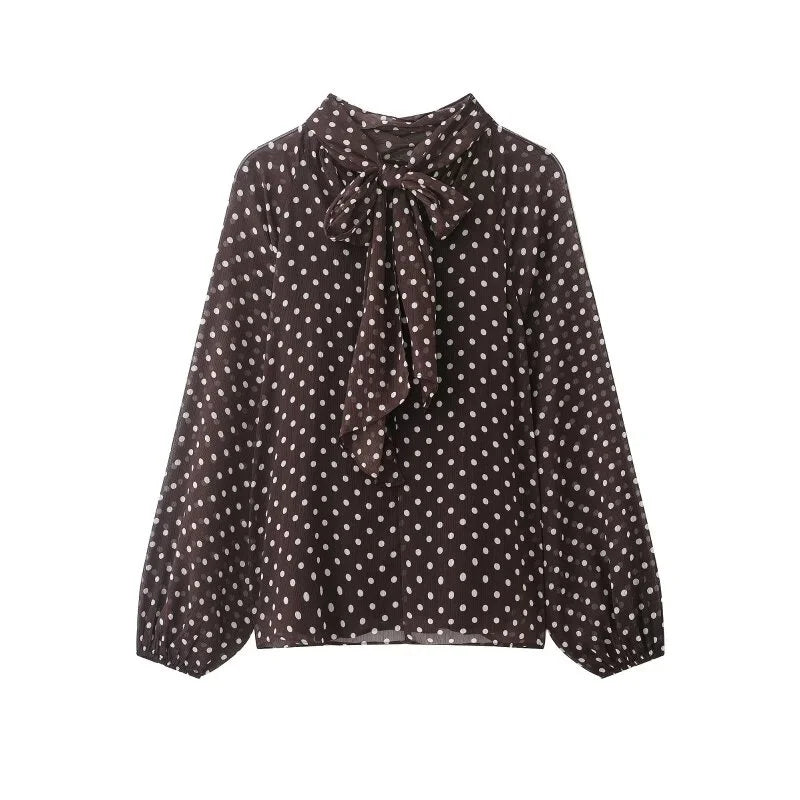 Elegant Women Polka Dot Blouse, Spring Bow Tie Lantern Sleeve Layered Neck Chiffon Shirt, Casual Daily Office Top