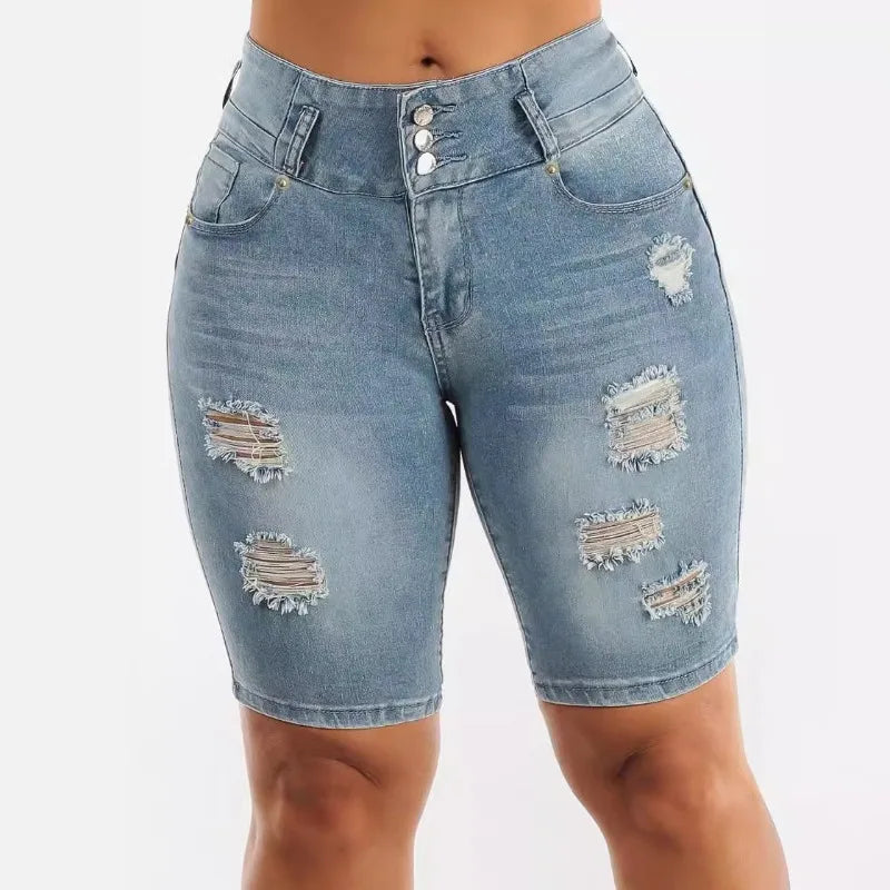 Fashion Solid Slim Butt Lifting Pants Women Elasticity Denim Shorts Casual Slimming Ripped Jeans Temperament Women's Short