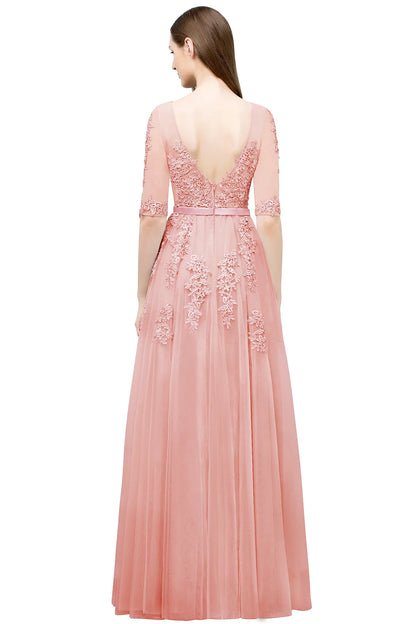 Elegant Half Sleeve Evening Dresses Lace Appliques A-Line Long Tulle Strap V-Neck Sheer Backless Prom Dress Empire Party Gowns