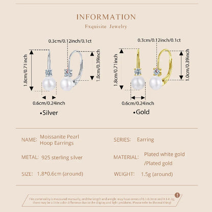 Moissanite Freshwater Pearl Earrings for Women Wedding, Round Cut Lab Diamond 925 Sterling Silver Drop Dangle Ear Buckles