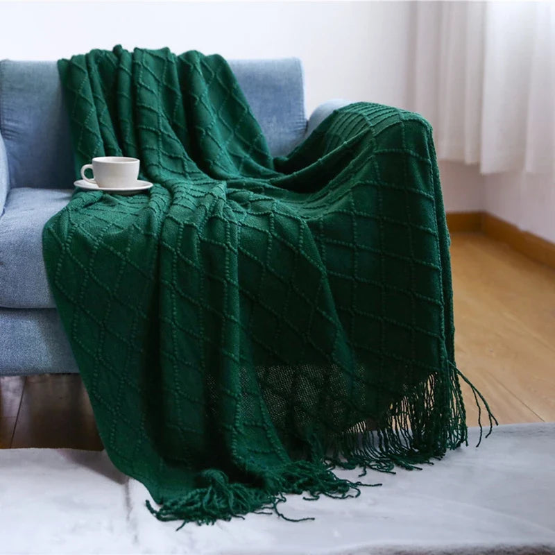 Khaki Gift Knitted Blanket with Tassels Chunky Vintage Luxury Farmhouse Throw Bedspread Oversized Blanket Cover Manta Para Sofá