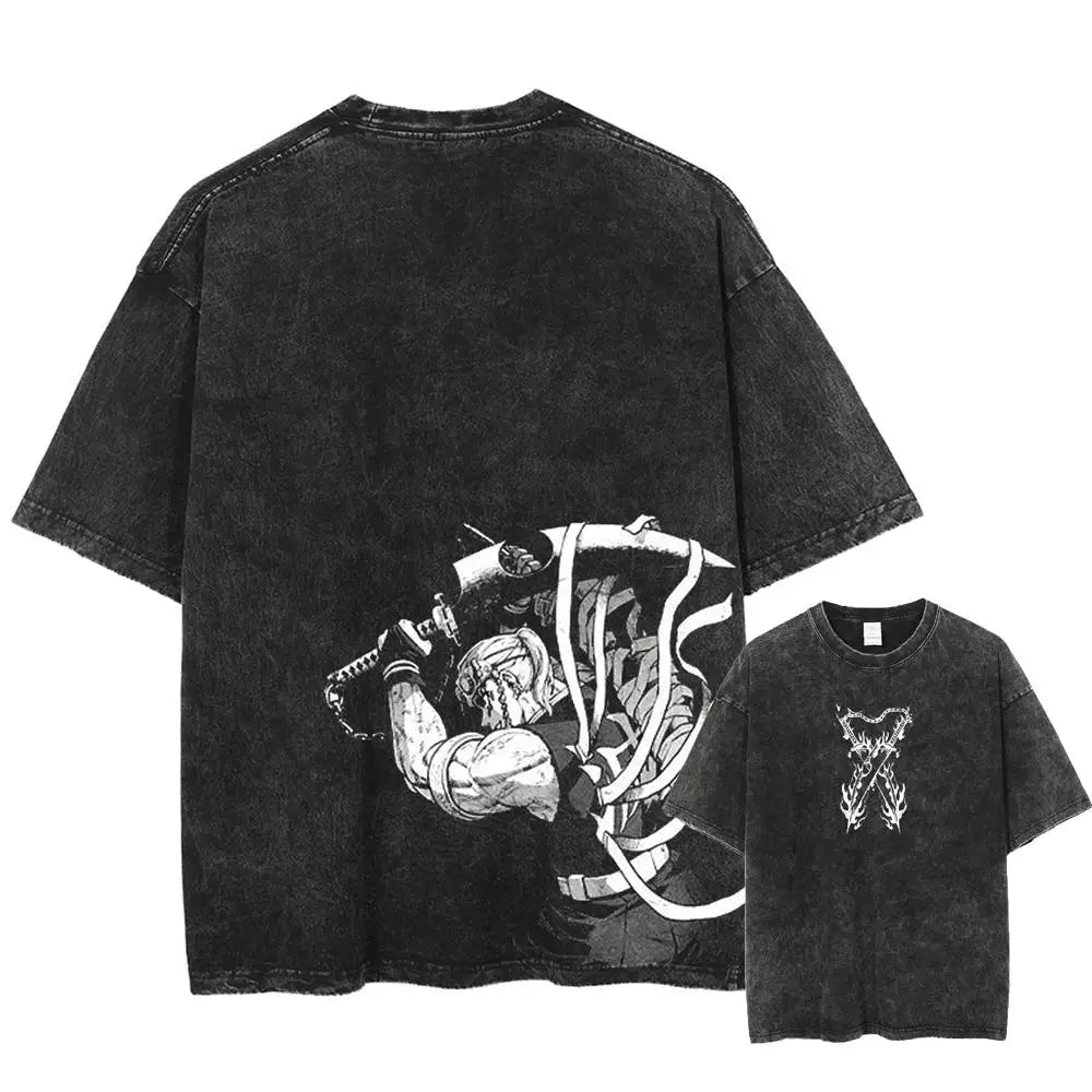 2025 Summer Men's Washes T-shirts Japanese Anime Demon Slayer Kyoujurou Graphic Clothing Harajuku Y2K Oversized Pure Cotton Tops