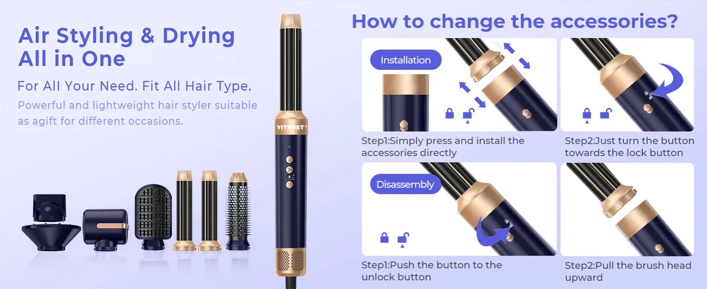 7 In 1 Hair Dryer Brush Brushless High Speed Hair Dryer with Diffuser Ionic Blow Dryer Hot Air Styling Comb Auto Hair Curler