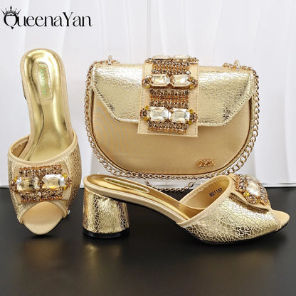 Newest Italian Design Fashion Comfortable Olive Color Peep Toe Party Wedding or Work Women's High Heels with Diamond Oval Bag
