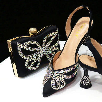 Yellow Classy Bowknot Pointed Toe Women's Shoes High Heel Elegant Sandals Shallow Mouth Shoes Bag Set Women