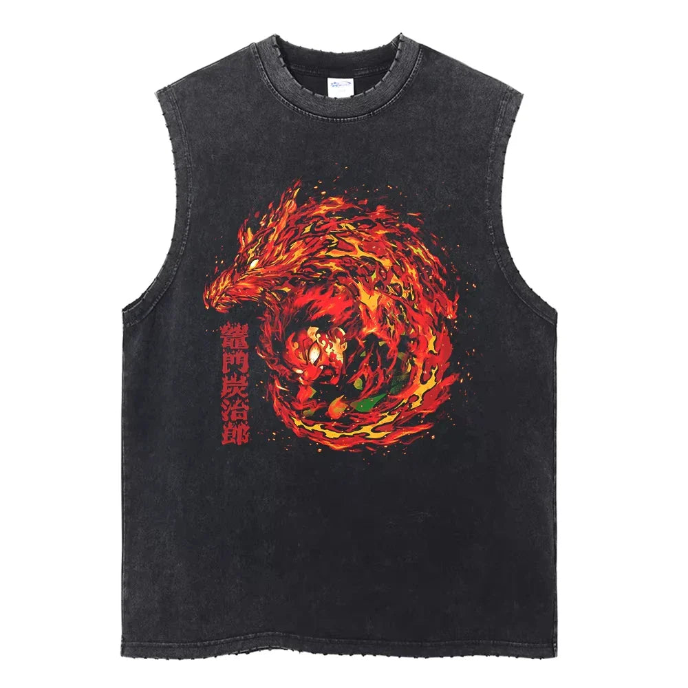 Anime Demon Slayer Printed Men's Tank Tops Summer Y2k Washed Cotton Vintage Gym Vest Women's Casual Sleeveless Shirts Steetwear