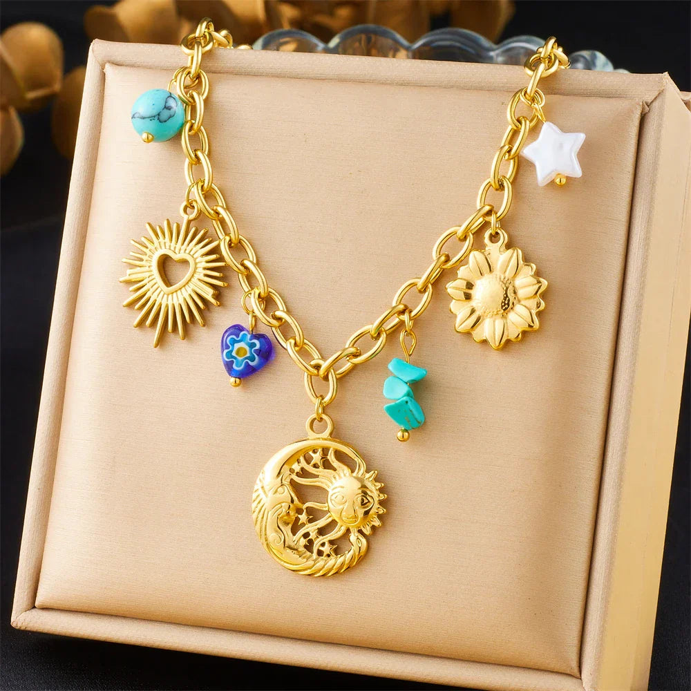 316L Stainless Steel Golden Trendy Starfish Moon Sun Shaped Pendant Necklace For Women Romantic Neck Chain Holiday Gift