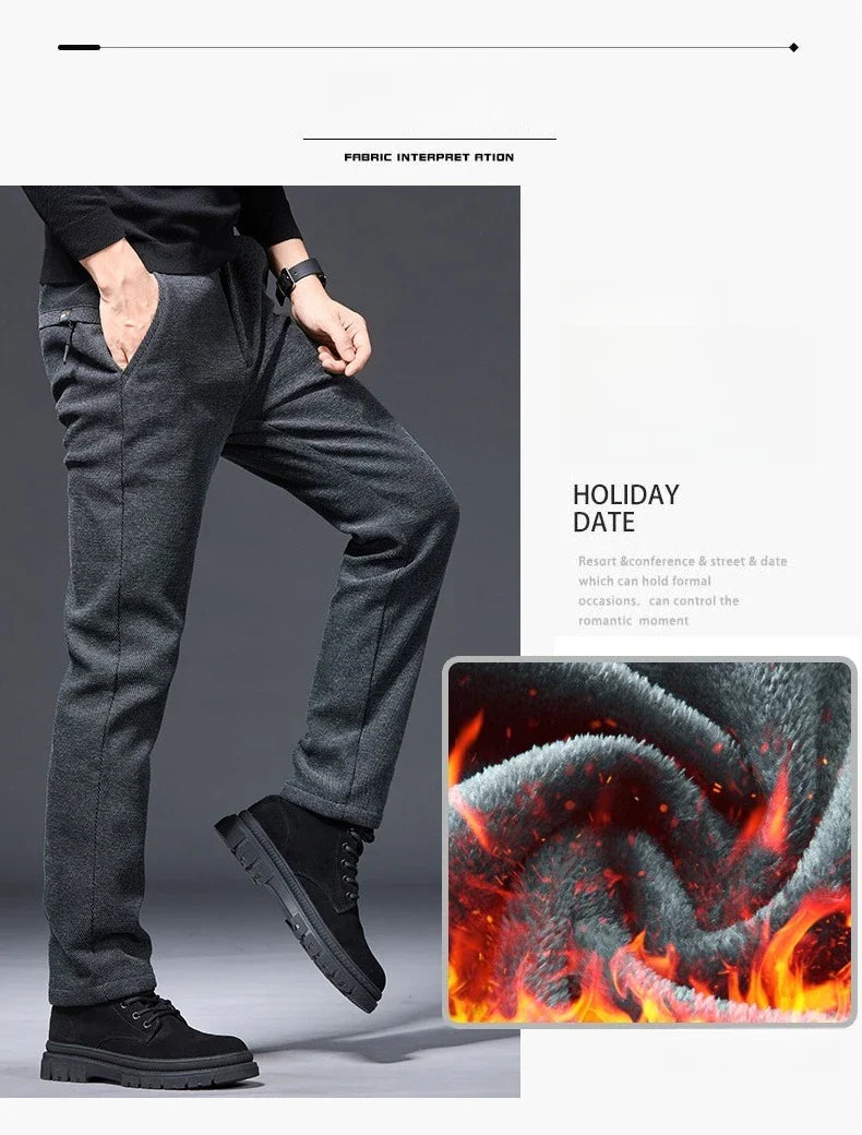 Men's Winter Fleece Elastic Casual Pants Thick Warm Soft Business Stretch Slim Trousers Streetwear Fashion Korean Brand Clothes