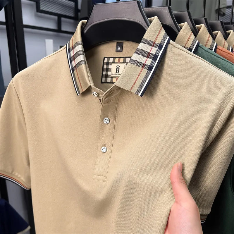 Fashion brand luxury short sleeve polo shirt men summer quality silky cotton breathable business casual striped collar T-shirt