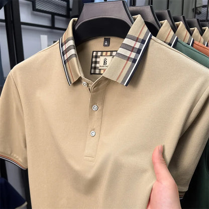 Fashion brand luxury short sleeve polo shirt men summer quality silky cotton breathable business casual striped collar T-shirt
