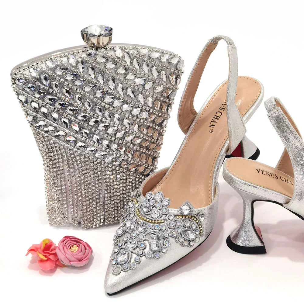 Gold New Shoes For Women Designer Pointed-Toe Luxury Wedding Peach Color Hollowed Out Design Bag and Shoes Matching Set