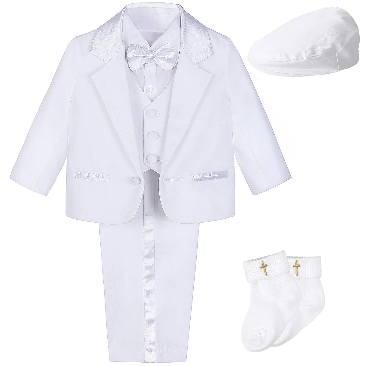 Baby Boy Baptism Outfit Infant White Christening Suit with Hat Toddler Wedding Birthday Party Clothing Long Sleeved Tuxedo 5PCS