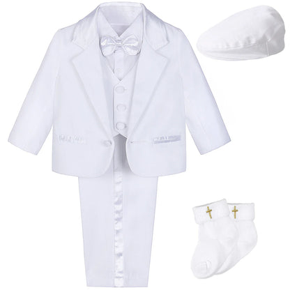 Baby Boy Baptism Outfit Infant White Christening Suit with Hat Toddler Wedding Birthday Party Clothing Long Sleeved Tuxedo 5PCS