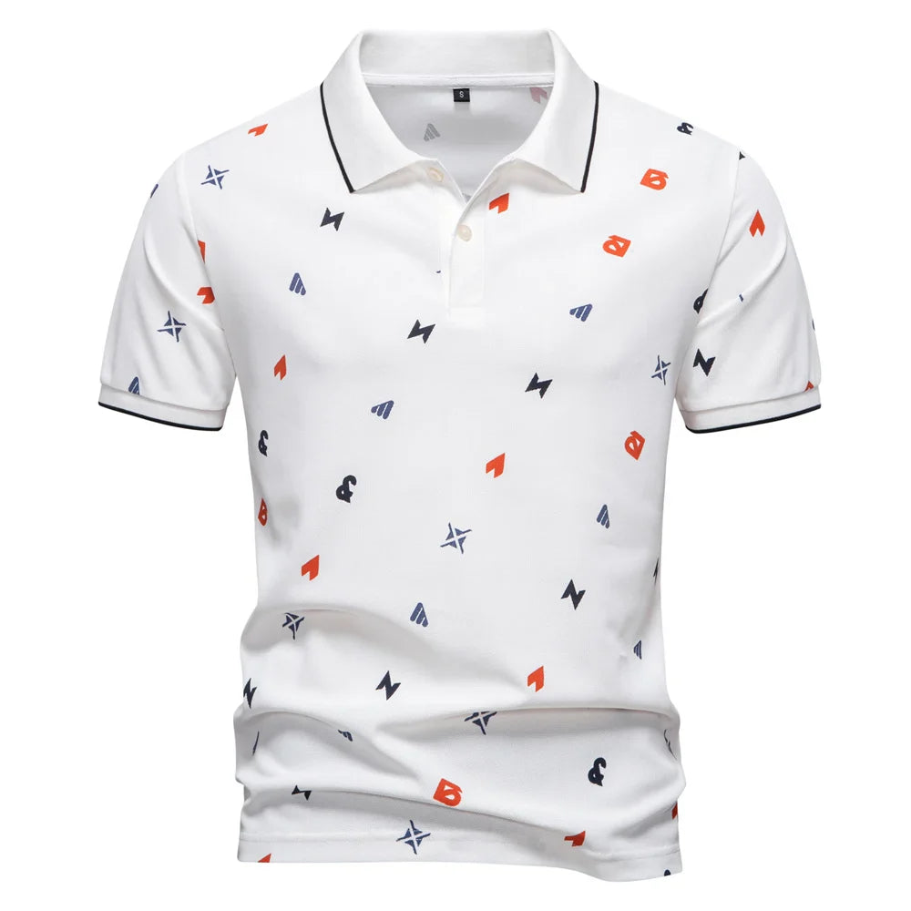 ‌2025 Summer New Men's Solid Color Polo Shirt with Printed Turn-Down Collar Casual Slim Fit Breathable Comfortable Top‌