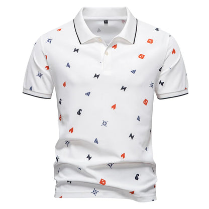 ‌2025 Summer New Men's Solid Color Polo Shirt with Printed Turn-Down Collar Casual Slim Fit Breathable Comfortable Top‌