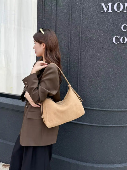 Genuine Grade Suede Leather Luxury Designer Large Capacity Women's Tote Bag Vintage Shoulder Crossbody Underarm Bags Trendy New