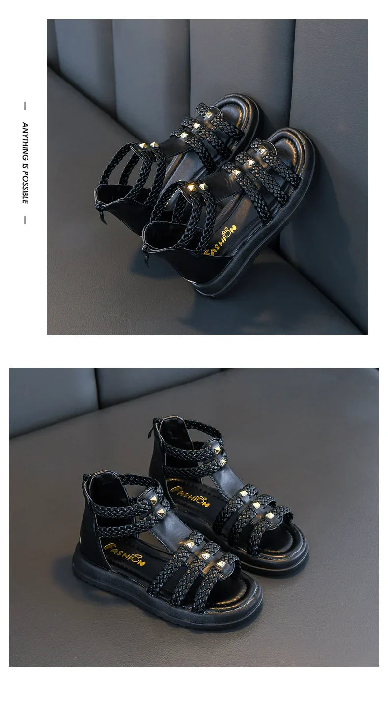 2026 Summer Gladiator Children Sandals Girl Soft Princess Shoes Retro Black Roman Sandal Outdoor Braided Shoe White Kids Shoes