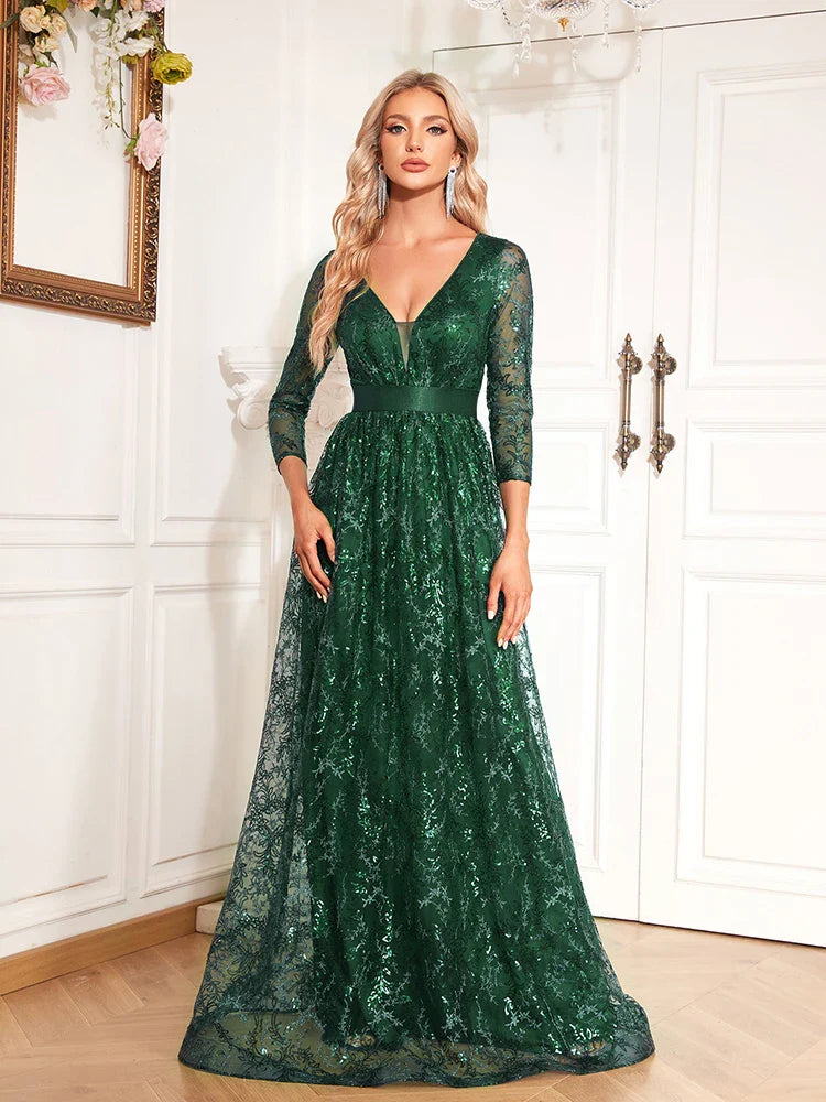 New Elegant Blue V-Neck Floral Evening Dress Long 2025 Luxury Women Long Sleeve Wedding Party Cocktail Dress Prom