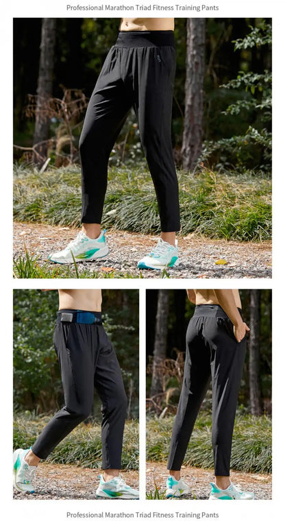 Lightweight Quick Dry Ice Silk Marathon Running Pants with Around waist Pack Breathable Workout Fitness Jogging Sport Trousers