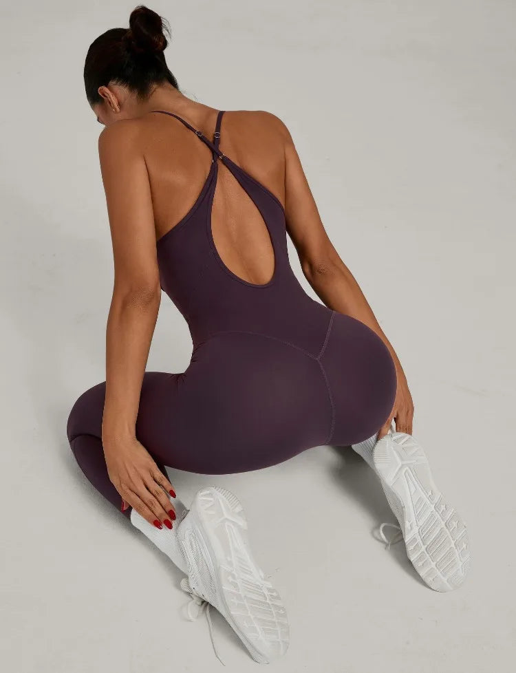 Women Sports Fitness Jumpsuit Cross Open Back Adjustable Shoulder Strap Hip Lift Tight Slim Fit Yoga Set Gym Running Sports Kit