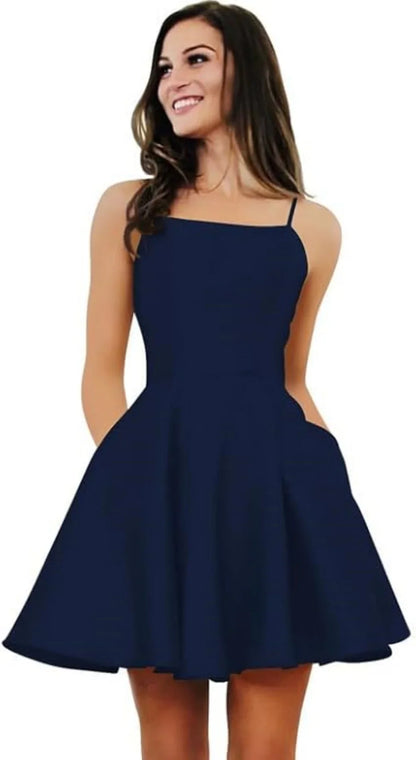 Short Homecoming Dresses for Teens With Pockets Spaghetti Straps Satin Prom Dress for Women A-line Knee Length Party Dress