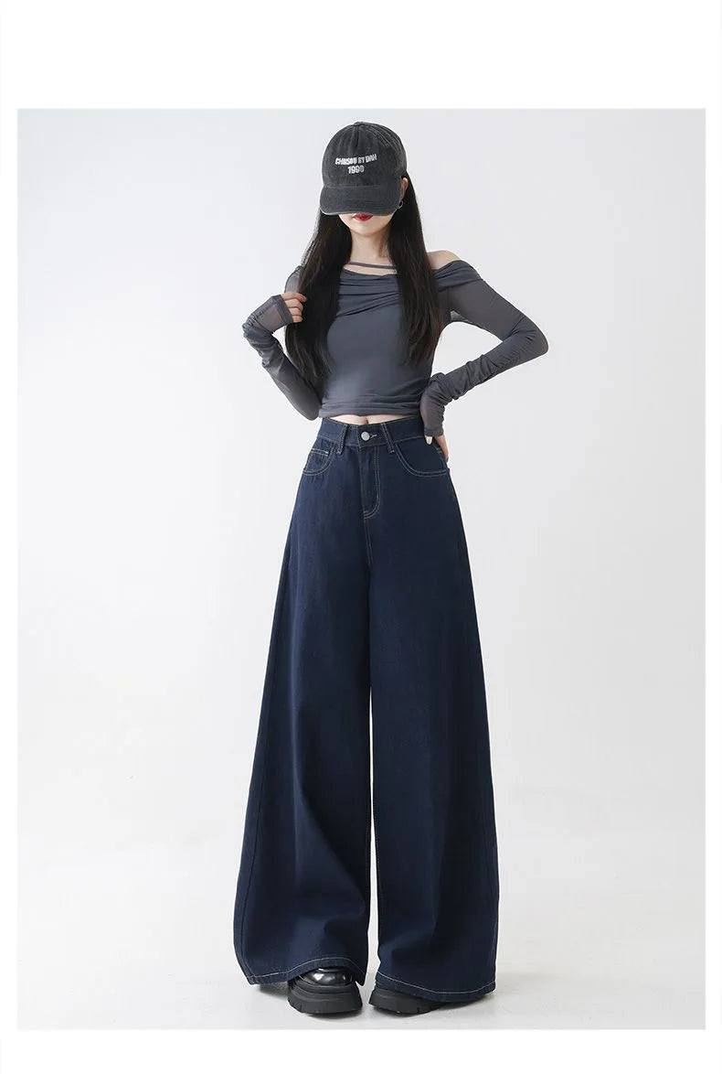 High Waist Straight Leg Loose Fit Denim Jeans Women's Floor Length Lazy Wide Leg Meat Concealing Deep Blue American Style Long P