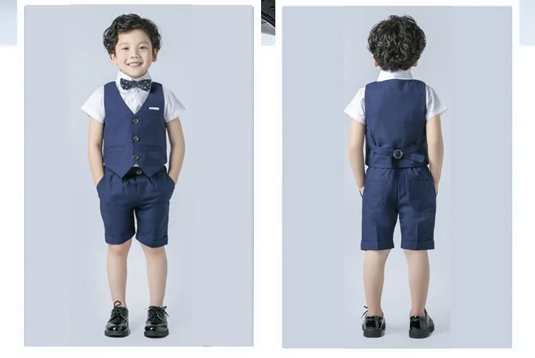 Boys Formal Birthday Photograph Suit Kids Summer Vest Shirt Short Bowtie Wedding Dress Teenager Suit Children Graduation Costume