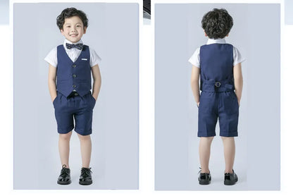 Boys Formal Birthday Photograph Suit Kids Summer Vest Shirt Short Bowtie Wedding Dress Teenager Suit Children Graduation Costume