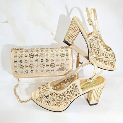 New Italian Design Open Toe Women High Heels for 2025 Elegant Party Wine Color Diamond Pumps Shoes and Bags Matching Set