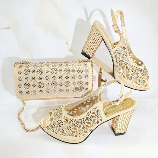New Italian Design Open Toe Women High Heels for 2025 Elegant Party Wine Color Diamond Pumps Shoes and Bags Matching Set