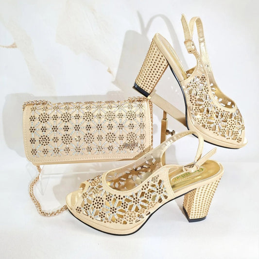 New Italian Design Open Toe Women High Heels for 2025 Elegant Party Wine Color Diamond Pumps Shoes and Bags Matching Set