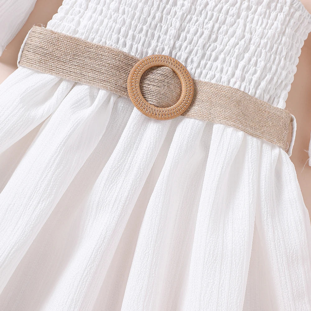 Vestido Feminino de Verão Ombro a Ombro Cinto Cor Sólida