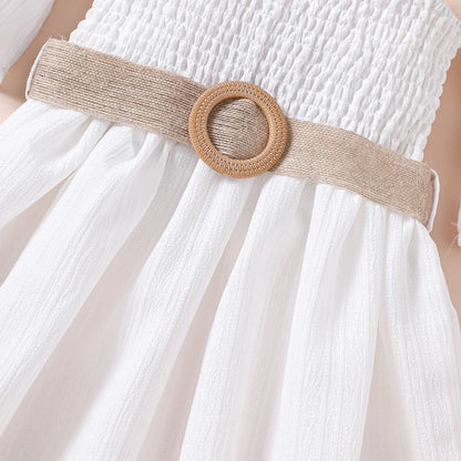 Vestido Feminino de Verão Ombro a Ombro Cinto Cor Sólida