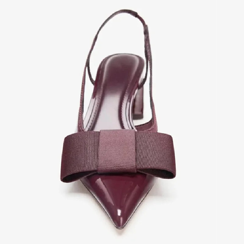 Sexy Burgundy Patent Leather Pointed Toe Pumps Women Fashion Bow Slingback Brand Designer Shoes Elegant Cozy Banquet Dress Shoes