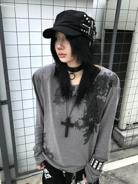 Gothic Print T-shirt Women Long Sleeve Casual Y2k Vintage Grunge Tops Tee Streetwear American Retro Tshirts Fairycore