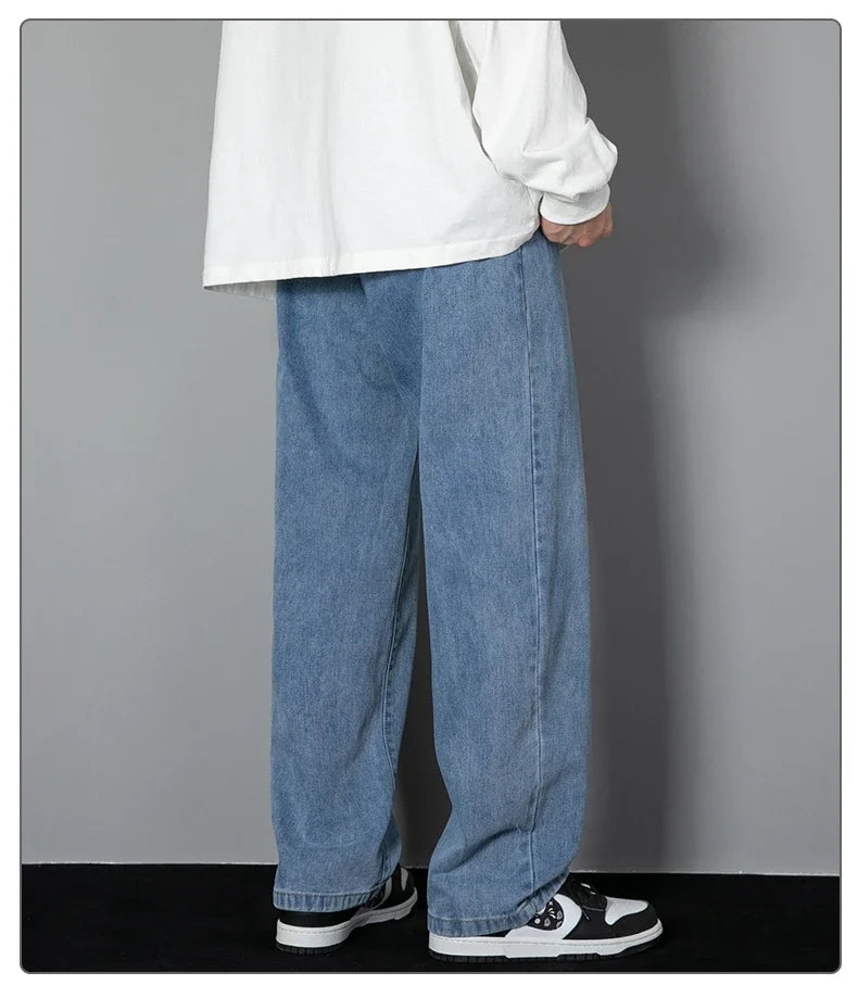 2026 New Korean Men's Casual Long Jeans Classic Man Straight Denim Wide-leg Pants Solid Color Light Blue Black 3XL Cargo Jean