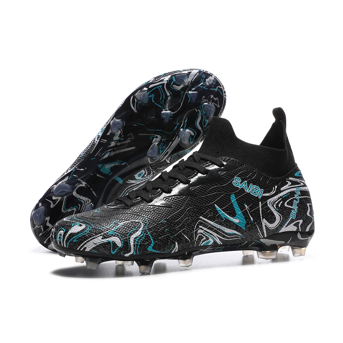 High-top football boots with long FG studs and TF studs,suitable for both men and women,featuring breathable and non-slip design