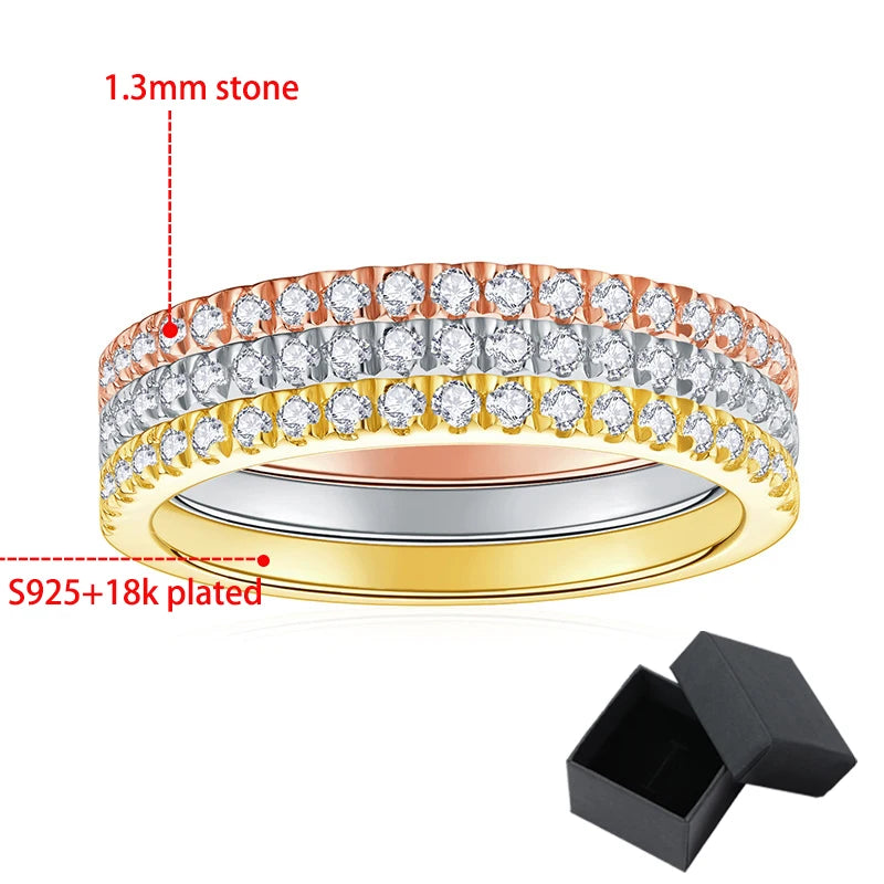 3pcs 0.2ct Moissanite Eternity Ring for Women Men 1.3mm 18k Gold Plated Sterling Silver Wedding Moissanite Band Jewelry