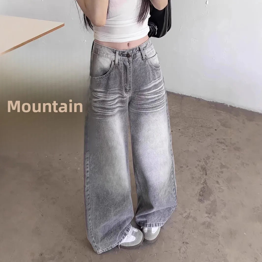 High Waist Wide Leg Grey Washed American Style Jeans