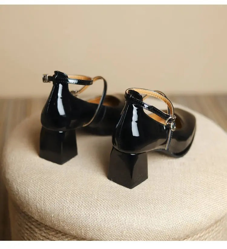 2024 New Mary Jane Shoes High Quality Leather Shoes Shallow Square Toe Womens Sandals Buckle Strap Women's Pumps
