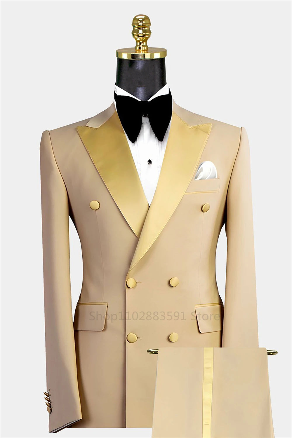 Men's Suit Double breasted Tuxedos Formal Slim Fit Notch Lapel Party Solid Groom Khaki Suits For Wedding 2 Pieces（Blazer+Pants）