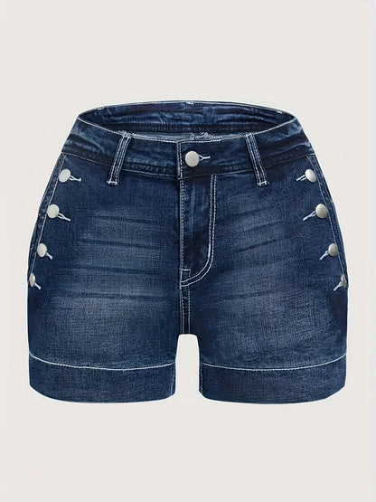 Ladies Mid-Waist Blue Elastic Denim Shorts with Wide Hem Front Pockets Diagonal Buttons Back Pocket Cover Buttons Elegant Casual