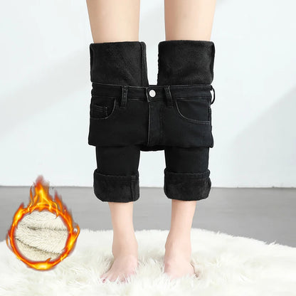 Calças Jeans Femininas de Inverno Quentes de Lã Retrô Elásticas Grossas Confortáveis Retas Modernas Coreanas Casuais de Veludo Denim