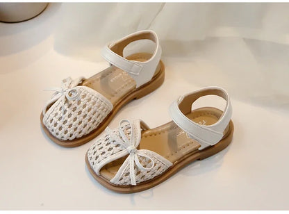 Girls Princess Shoes Weave Breathable Kids Beach Shoes with Simple Bows 2025 Summer New Children Sandals Soild Color Non-slip