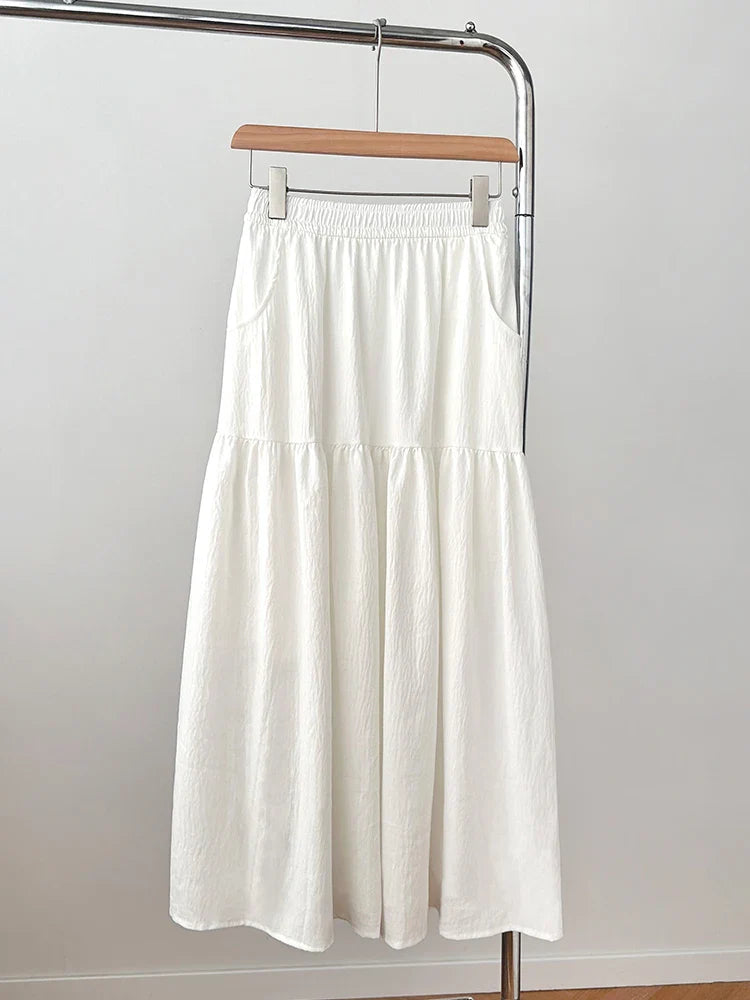 Women's Summer Effortless Chic Midi Skirt - Korean Flowy Big Hem Voluminous Ruffle Cake Skirt